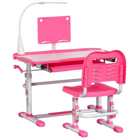 SET SCRIVANIA PER BAMBINI 6-12 ANNI CON SEDIA REGOLABILE IN ALTEZZA. CASSETTO. LUCE E PIANO INCLINABILE. ROSA