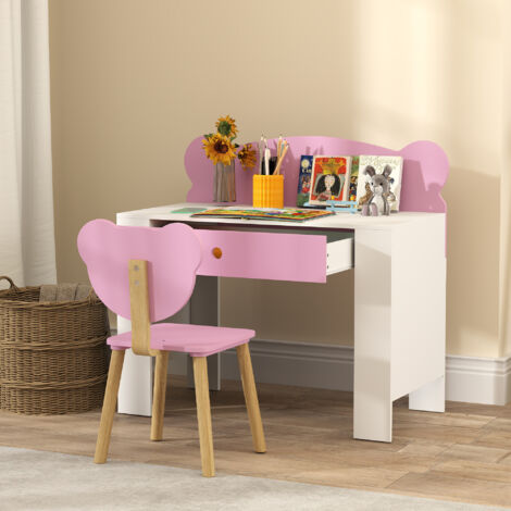 Set Scrivania per Bambini con Sedia, Tavolo da Studio con Cassetto, Schienale a Forma di Orsetto, Età 3-8 Anni, Rosa