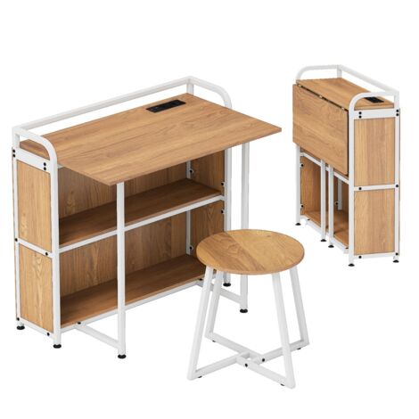 Set scrivania portatile con scaffale stazione ricarica studio ufficio pieghevole sgabello Naturale