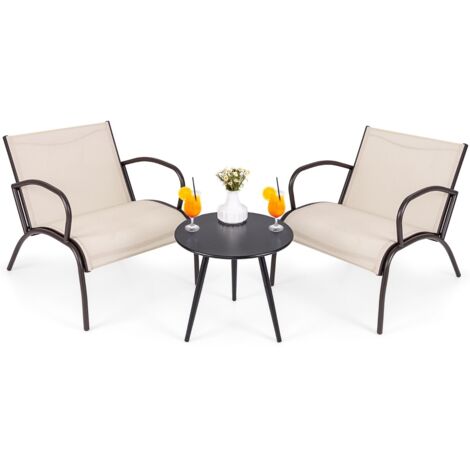 Set sedie braccioli tavolino alluminio metallico seduta curvata tessuto poltrone esterno 3 pezzi marrone