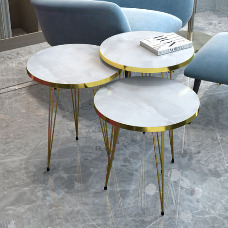 Set 'Skibby' di 3 Tavolini da Salotto Tavolini Bassi a Treppiede in Altezze Diverse Gambe a Forcina e Piani Rotondi Ø38 cm - Marmo Bianco / Oro [en.casa]