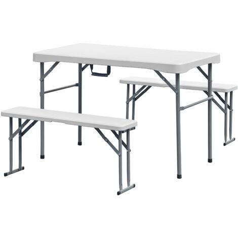 Set Small 3 Pezzi Tavolo e 2 Panche Pieghevoli trasportabili Per Feste Sagre Giardino Campeggio Struttura Acciaio Impermeabile Uv Resistente Bianco