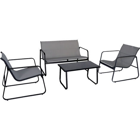 Set sofa', in acciaio e textilene, divano, 2 poltrone, tavolino, grigio chiaro