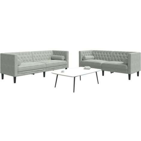 Set sofás Chesterfield con cojines 2 pzas terciopelo gris claro