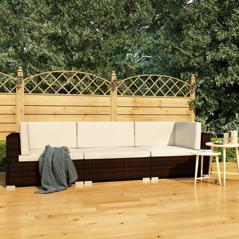 

Set sofás de jardín 3 piezas y cojines ratán sintético marrón