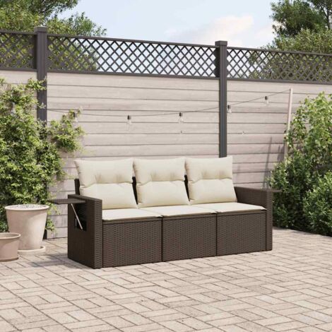 Set sofás de jardín 3 piezas y cojines ratán sintético marrón