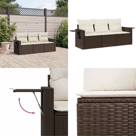 Set sofás de jardín 3 piezas y cojines ratán sintético marrón - Cojines para sofás - Ratán sintético