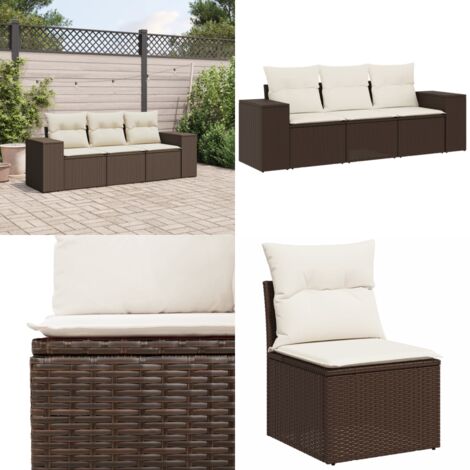 Set sofás de jardín 3 piezas y cojines ratán sintético marrón - Cojines para sofás - Ratán sintético