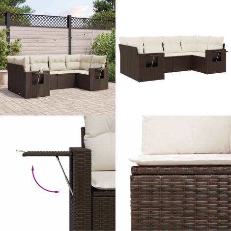 Set sofás de jardín 6 piezas y cojines ratán sintético marrón - Cojines para sofás - Ratán sintético