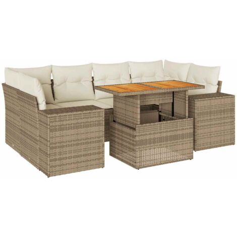 Set sofás de jardín 7 piezas y cojines ratán sintético beige