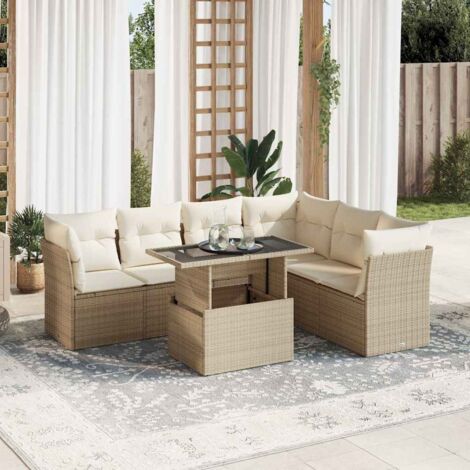 Set sofás de jardín 7 piezas y cojines ratán sintético beige