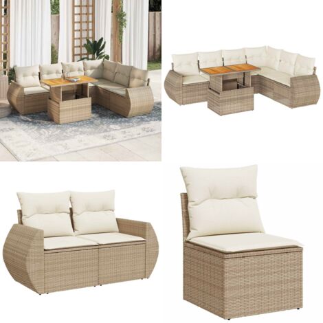 Set sofás de jardín 7 piezas y cojines ratán sintético beige - Cojines para asiento - Ratán sintético