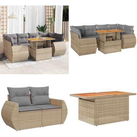 Set sofás de jardín 7 piezas y cojines ratán sintético beige - Cojines para asiento - Ratán sintético