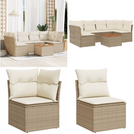 Set sofás de jardín 7 piezas y cojines ratán sintético beige - Cojines para asiento - Ratán sintético