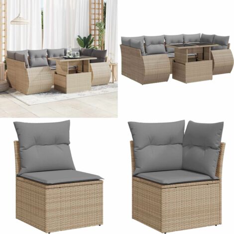 Set sofás de jardín 7 piezas y cojines ratán sintético beige - Cojines para sofás - Ratán sintético