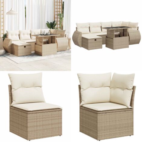 Set sofás de jardín 7 piezas y cojines ratán sintético beige - Cojines para sofás - Ratán sintético