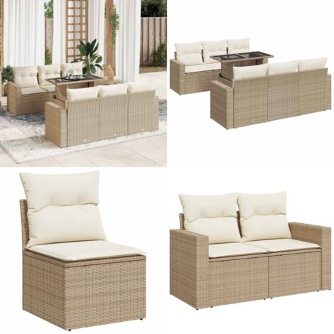 Set sofás de jardín 7 piezas y cojines ratán sintético beige - Cojines para sofás - Ratán sintético