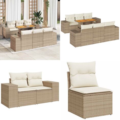 Set sofás de jardín 7 piezas y cojines ratán sintético beige - Cojines para sofás - Ratán sintético