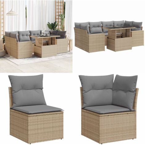 Set sofás de jardín 7 piezas y cojines ratán sintético beige - Cojines para sofás - Ratán sintético