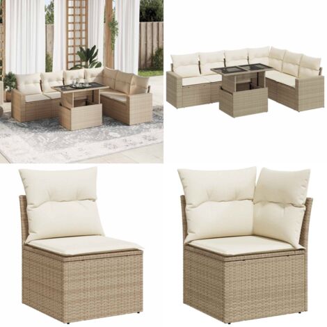 Set sofás de jardín 7 piezas y cojines ratán sintético beige - Cojines para sofás - Ratán sintético