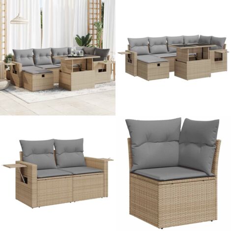 Set sofás de jardín 7 piezas y cojines ratán sintético beige - Cojines para sofás - Ratán sintético