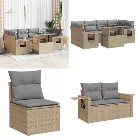 Set sofás de jardín 7 piezas y cojines ratán sintético beige - Cojines para sofás - Ratán sintético