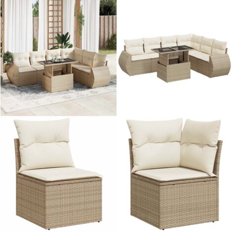 Set sofás de jardín 7 piezas y cojines ratán sintético beige - Cojines para sofás - Ratán sintético