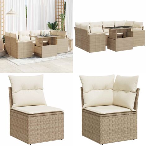 Set sofás de jardín 7 piezas y cojines ratán sintético beige - Cojines para sofás - Ratán sintético