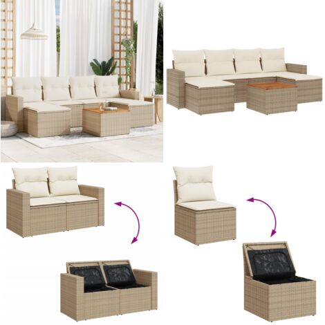 Set sofás de jardín 7 piezas y cojines ratán sintético beige - Cojines para sofás - Ratán sintético