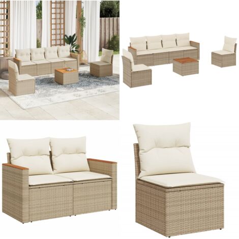 Set sofás de jardín 7 piezas y cojines ratán sintético beige - Cojines para sofás - Ratán sintético