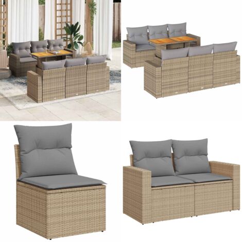Set sofás de jardín 7 piezas y cojines ratán sintético beige - Cojines para sofás - Ratán sintético