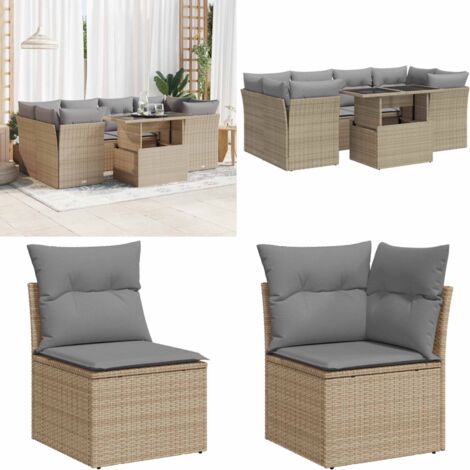Set sofás de jardín 7 piezas y cojines ratán sintético beige - Cojines para sofás - Ratán sintético