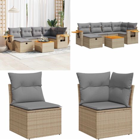 Set sofás de jardín 7 piezas y cojines ratán sintético beige - Cojines para sofás - Ratán sintético