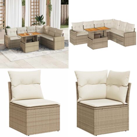 Set sofás de jardín 7 piezas y cojines ratán sintético beige - Cojines para sofás - Ratán sintético