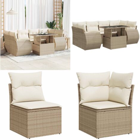 Set sofás de jardín 7 piezas y cojines ratán sintético beige - Cojines para sofás - Ratán sintético