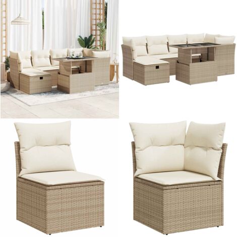 Set sofás de jardín 7 piezas y cojines ratán sintético beige - Cojines para sofás - Ratán sintético