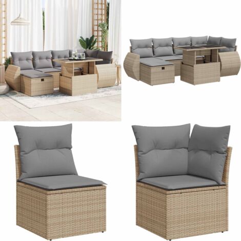 Set sofás de jardín 7 piezas y cojines ratán sintético beige - Cojines para sofás - Ratán sintético