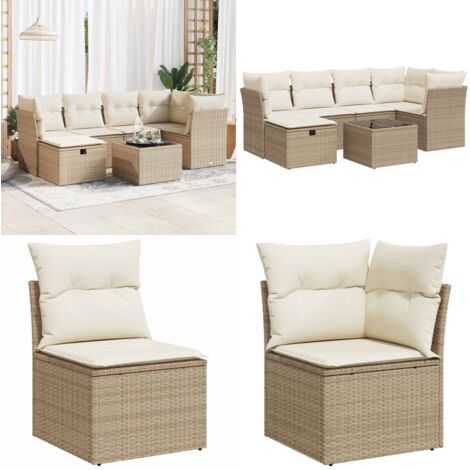 Set sofás de jardín 7 piezas y cojines ratán sintético beige - Cojines para sofás - Ratán sintético