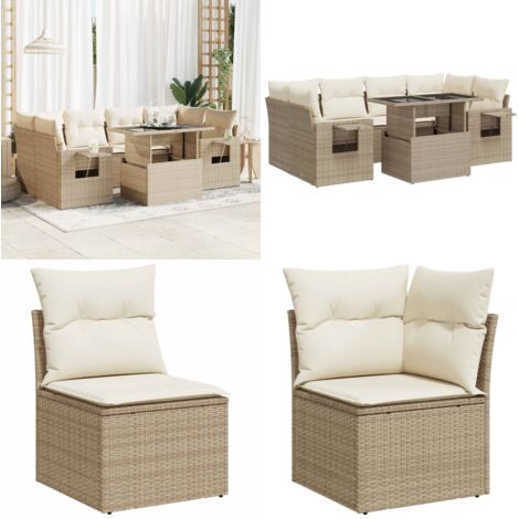 Set sofás de jardín 7 piezas y cojines ratán sintético beige - Cojines para sofás - Ratán sintético