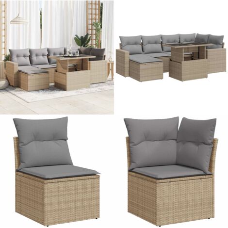 Set sofás de jardín 7 piezas y cojines ratán sintético beige - Cojines para sofás - Ratán sintético