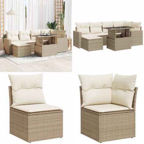 Set sofás de jardín 7 piezas y cojines ratán sintético beige - Cojines para sofás - Ratán sintético