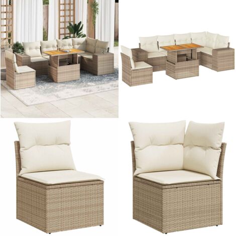 Set sofás de jardín 7 piezas y cojines ratán sintético beige - Cojines para sofás - Ratán sintético