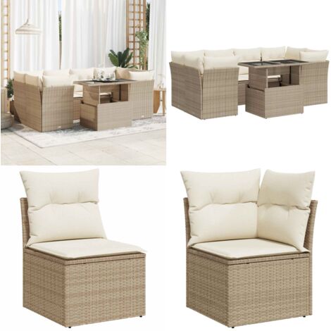 Set sofás de jardín 7 piezas y cojines ratán sintético beige - Cojines para sofás - Ratán sintético