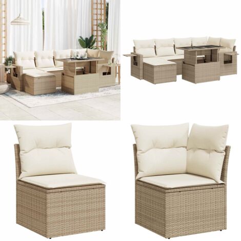 Set sofás de jardín 7 piezas y cojines ratán sintético beige - Cojines para sofás - Ratán sintético