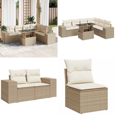 Set sofás de jardín 7 piezas y cojines ratán sintético beige - Cojines para sofás - Ratán sintético