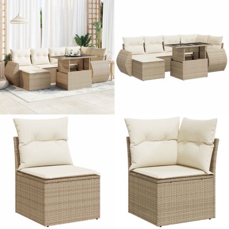 Set sofás de jardín 7 piezas y cojines ratán sintético beige - Cojines para sofás - Ratán sintético