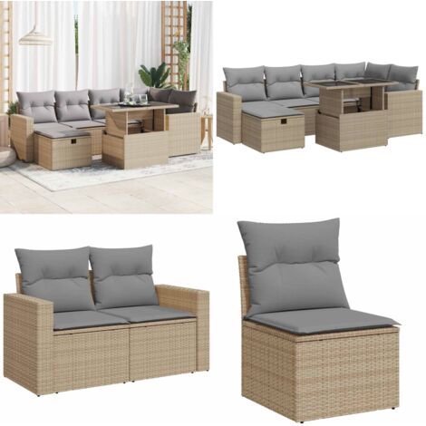 Set sofás de jardín 7 piezas y cojines ratán sintético beige - Cojines para sofás - Ratán sintético