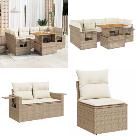 Set sofás de jardín 7 piezas y cojines ratán sintético beige - Cojines para sofás - Ratán sintético
