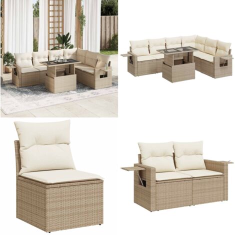 Set sofás de jardín 7 piezas y cojines ratán sintético beige - Cojines para sofás - Ratán sintético