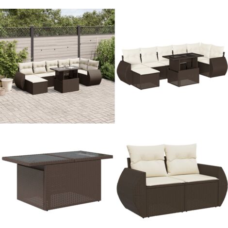 Set sofás de jardín 8 piezas y cojines ratán sintético marrón - Cojines para sofás - Ratán sintético